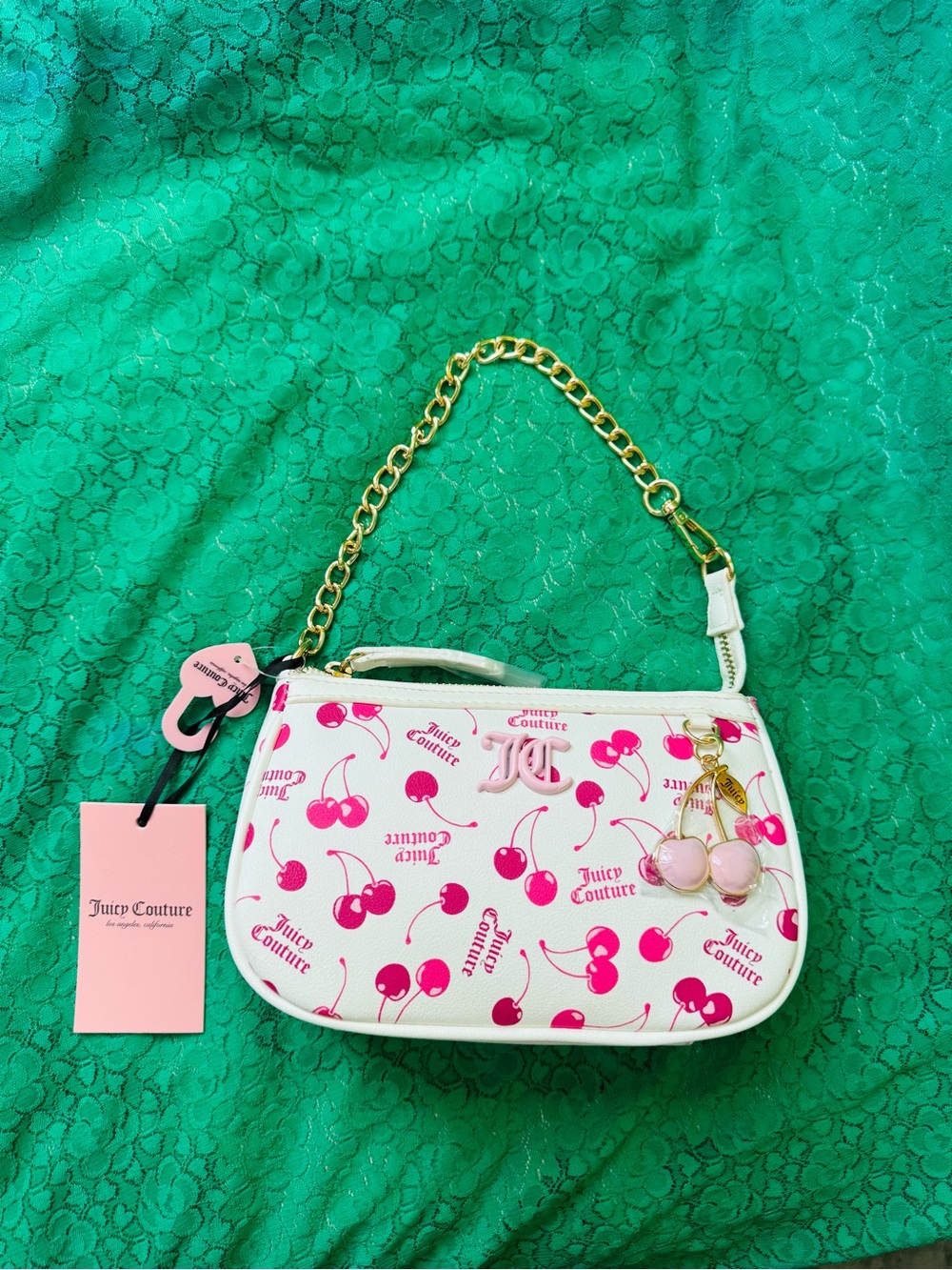 Juicy Couture White Mini Cherry Print wristlet Bag with Gold Chain